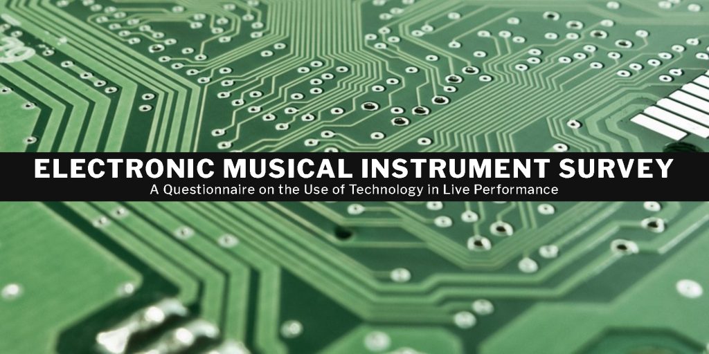 title page for the Electronic Musical Instrument Survey, featuring a close-up photograph of a printed circuit board.