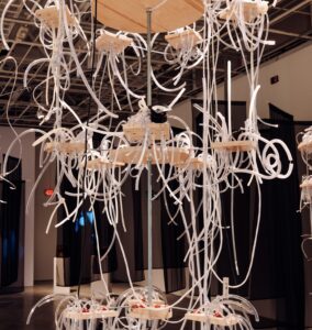 A close up of a hanging sculpture with wooden frames that have masses of plastic tubes twisting, turning, and falling inside, over, and throughout. There are two microphones and several speakers placed on the wood.